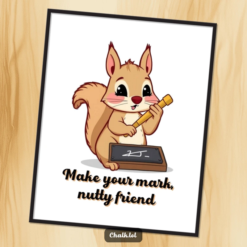 Funny Free Printable Wall Art: A determined squirrel is absorbed in writing with a giant chalk on a slate.