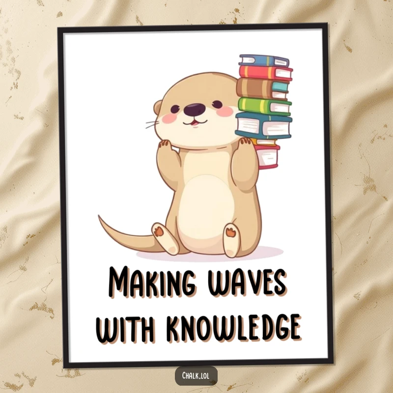 Funny free printable wall art: Playful otter with impeccable balance, holding a stack of books on its nose.