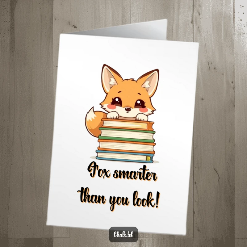 Funny Free Printable Birthday Card: Curious fox peeking over textbooks, a student's humorous struggle.