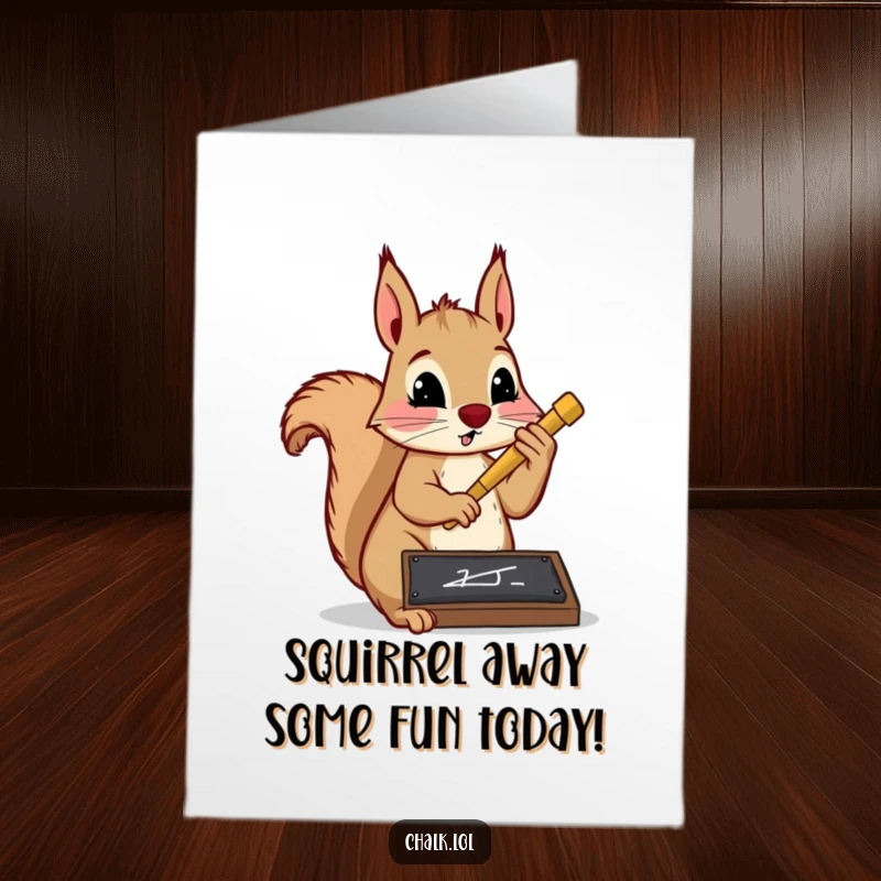 Funny Free Printable Birthday Card: A determined squirrel diligently writes with a giant chalk on a slate.