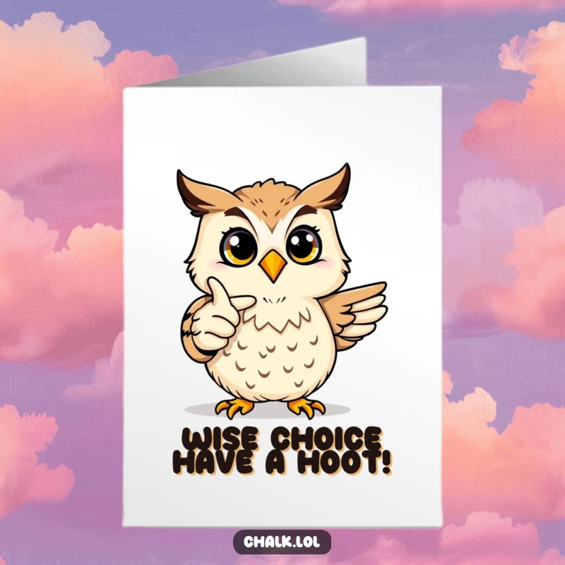 Funny Free Printable Birthday Card: Joyful owl pointing at a colorful drawing, celebrating their birthday.