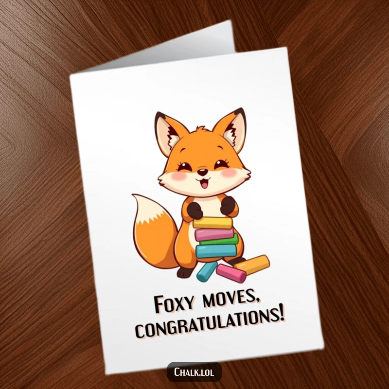 Funny Free Printable Congratulations Card: Cheerful fox tossing colorful chalk, celebrating a fantastic achievement with artistic flair.