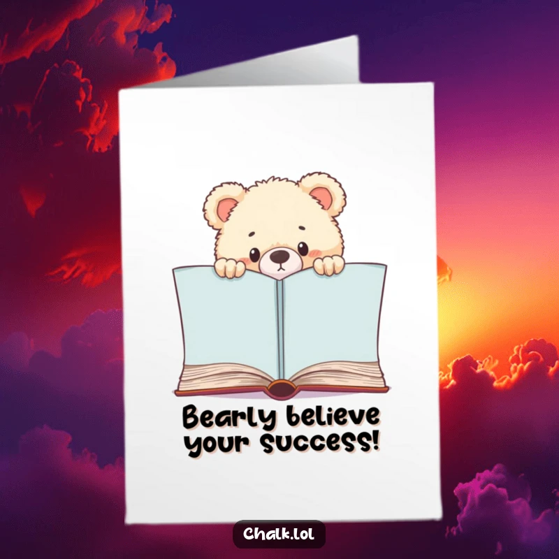 Funny Free Printable Congratulations Card: Bear cub peeking from a large book, symbolizing a new, exciting chapter beginning.