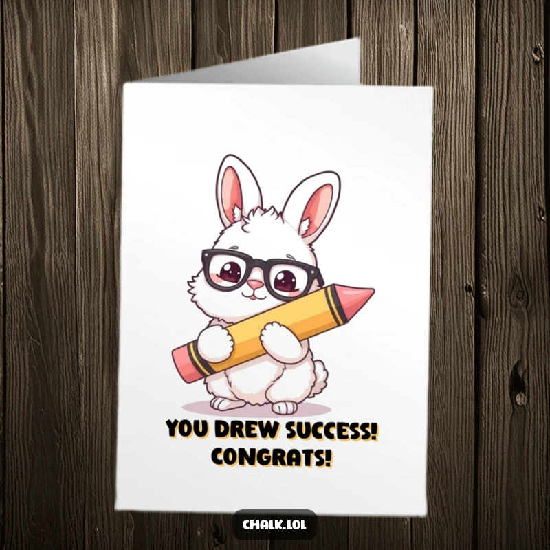 Funny Free Printable Congratulations Card: Bunny artist with glasses, holding a giant crayon, celebrating success.