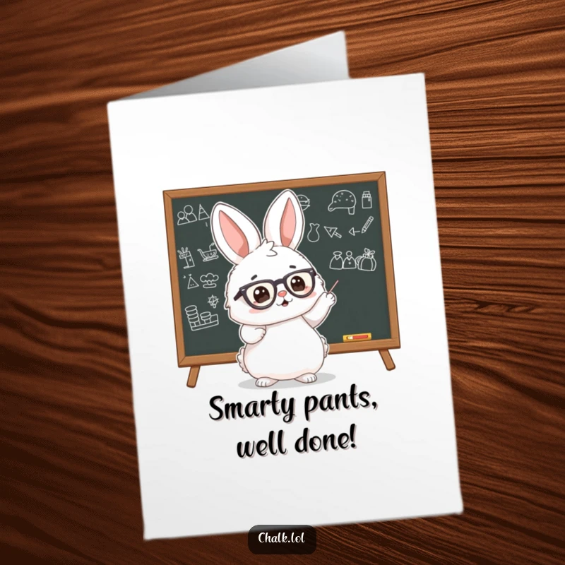 Funny Free Printable Congratulations Card: Fluffy bunny in glasses pointing at a blackboard with drawings, celebrating achievement.