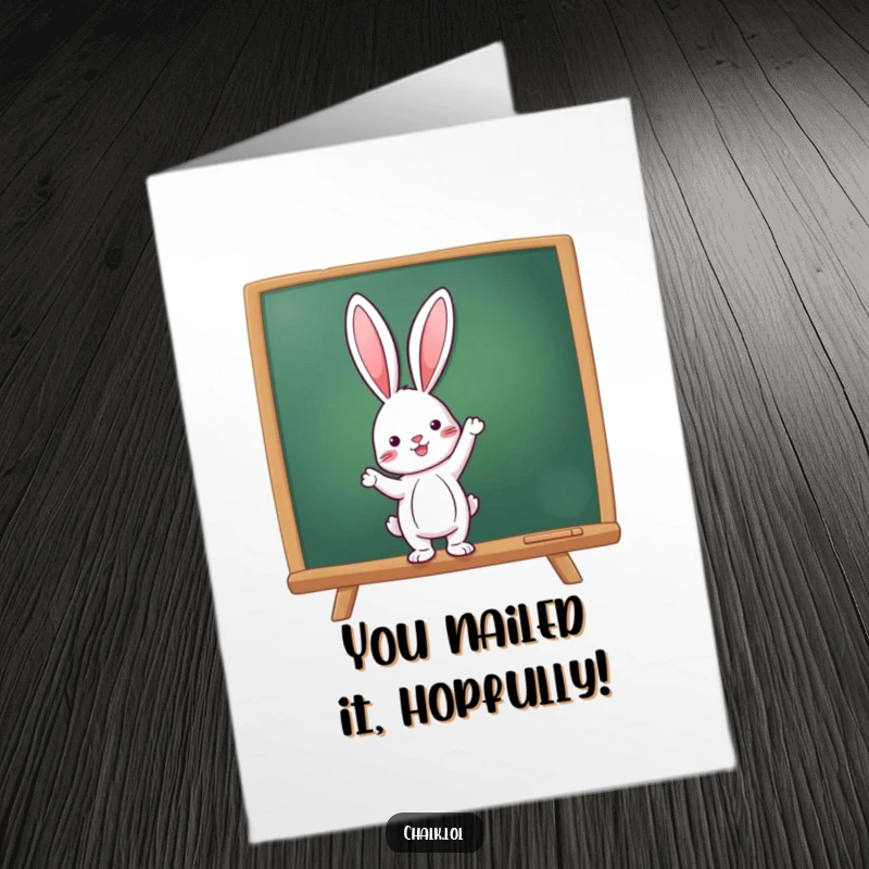 Funny Free Printable Congratulations Card: Rabbit eagerly pointing at a chalkboard, celebrating a well-deserved accomplishment.