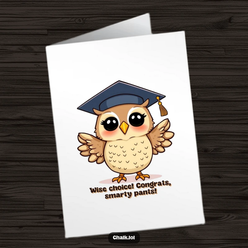 Funny Free Printable Graduation Card: An excited owl in a cap flaps its wings, celebrating a big win.