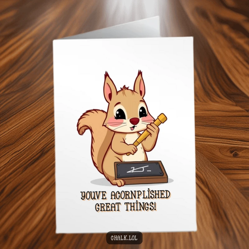 Funny Free Printable Congrats Card: A determined squirrel focuses intently as it writes with a huge chalk on a slate.
