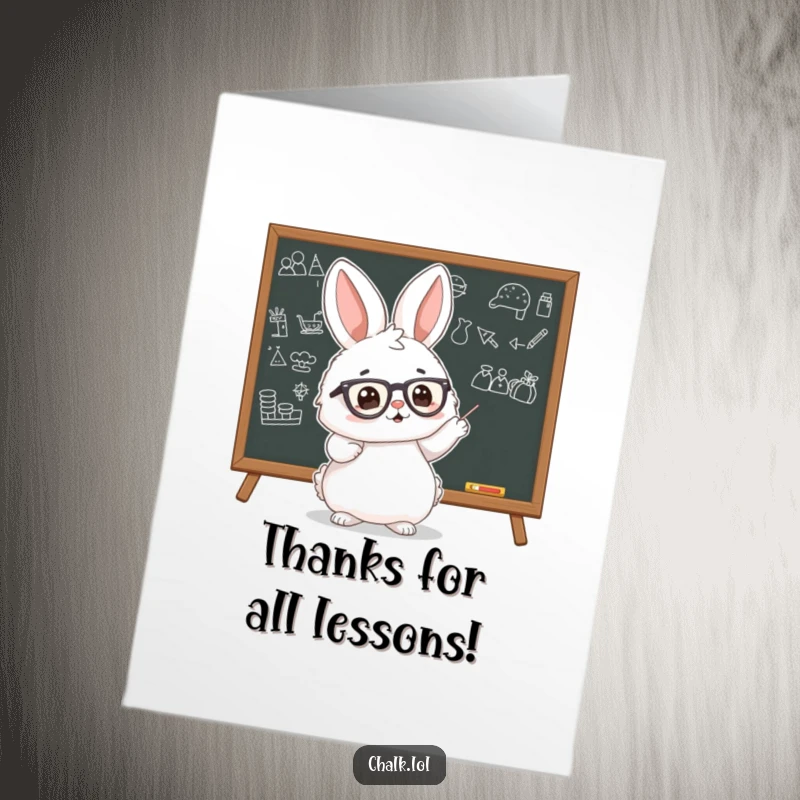 Funny Free Printable Thank You Card: Fluffy bunny in glasses pointing at a blackboard with drawings, expressing thanks.