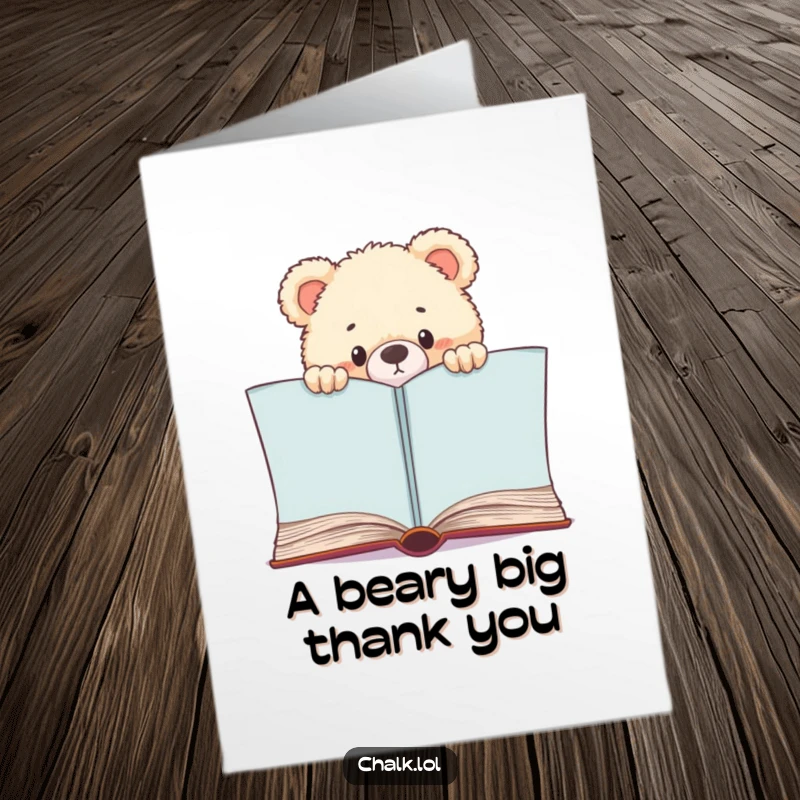 Funny Free Printable Thank You Card: Fluffy bear cub peeking over a book, offering a sweet, heartfelt thank you.