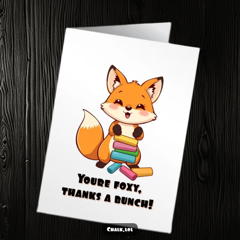 Funny Free Printable Thank You Card: Cheerful fox tossing bright chalk, scattering thanks with artistic flair.
