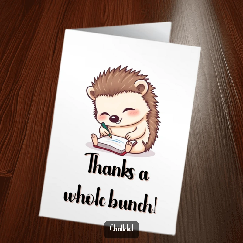 Funny free printable thank you card: Adorable hedgehog giggling while scribbling a thank you note. Easy to print.