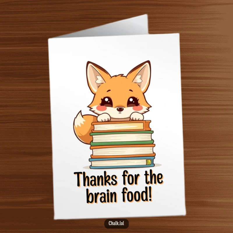 Funny Free Printable Thank You Card: Curious fox peeking over textbooks, a smart way to express gratitude.