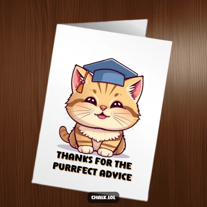 Funny Free Printable Thank You Card: Cat in graduation cap dipping chalk, expressing thanks.