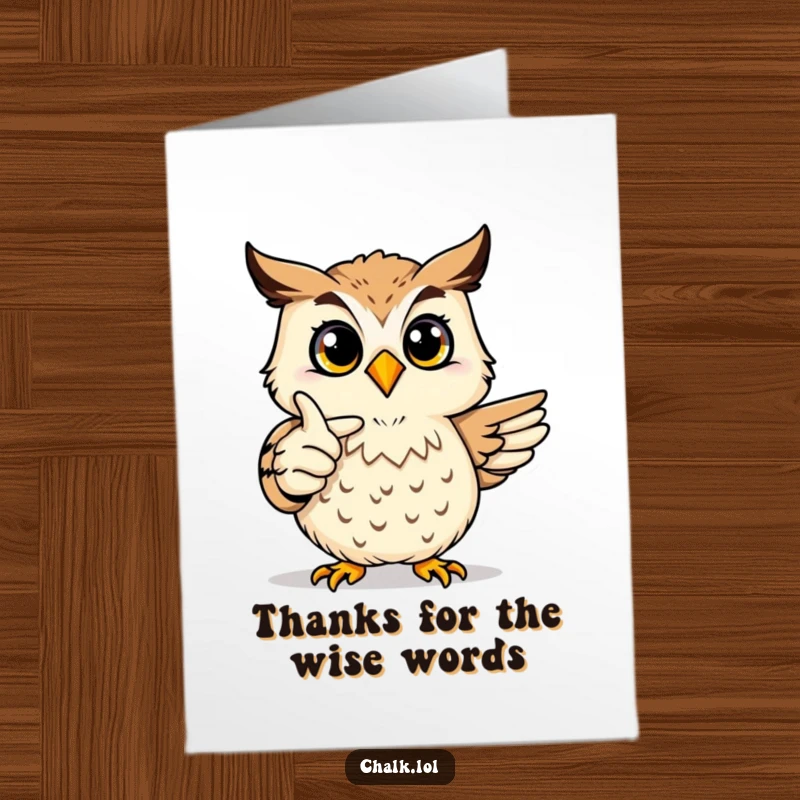 Funny Free Printable Thank You Card: Joyful owl pointing at a drawing, expressing thanks.