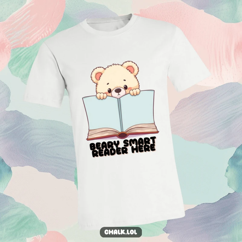 Funny Bear Cub Bookworm T-Shirt, a fluffy bear cub peeks over a giant book, inviting readers to discover new tales, a funny gift.