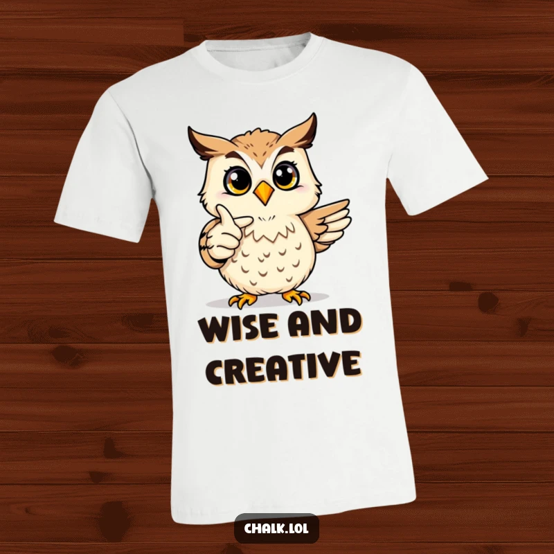 Funny Owl Art T-Shirt: A joyful owl proudly points at a colorful drawing, celebrating artistic creation and wisdom.