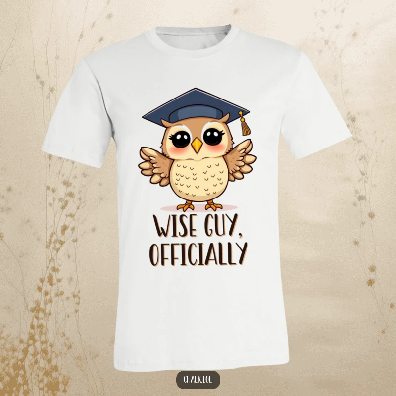 Funny graduation owl t-shirt featuring an excited, silly owl wearing a cap and flapping wings, symbolizing success. A cheerful and witty apparel.