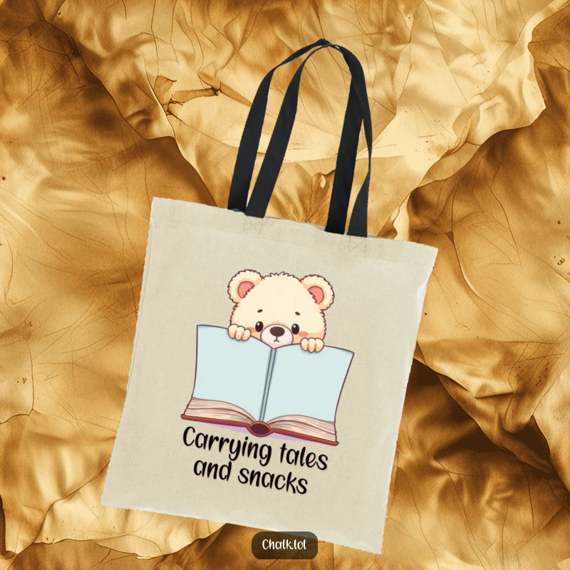 Funny Bear Cub Bookworm Tote Bag, a cub peeks over a book, perfect for carrying novels, a funny and practical gift.