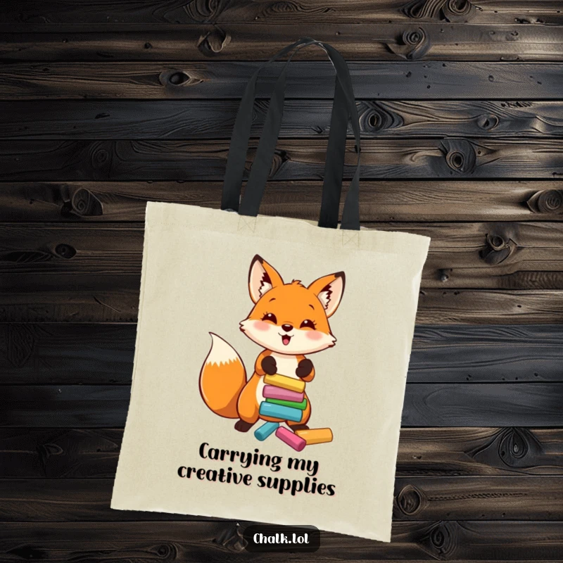 Funny Fox Artist Tote Bag, a fox throws chalk, perfect for art supplies, a funny and practical gift.
