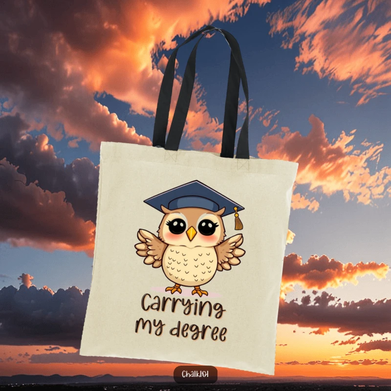 Funny graduation owl tote bag featuring a silly, excited owl in a cap, flapping wings. Practical and humorous accessory for carrying academic items.
