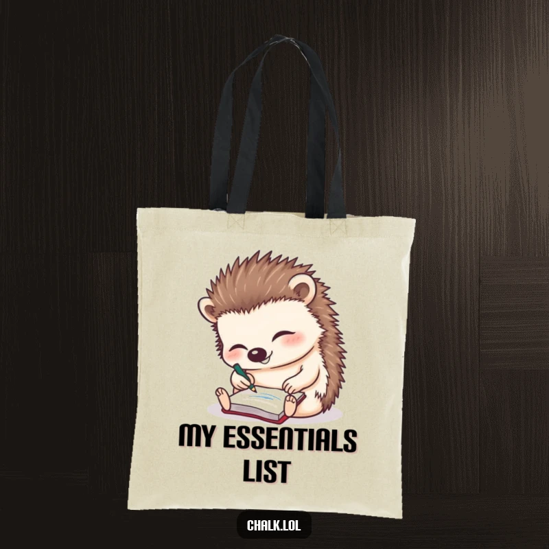 Funny Hedgehog Tote Bag: A cute hedgehog engrossed in scribbling on a tiny notepad.
